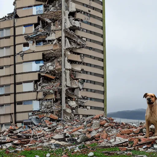 Prompt: tower block collapsed, rescue dog, photo realistic, rule of thirds