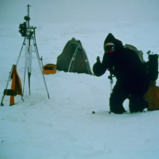 Image similar to a man wearing a hazmat suit and gasmask, in antarctica, film still, arriflex 3 5