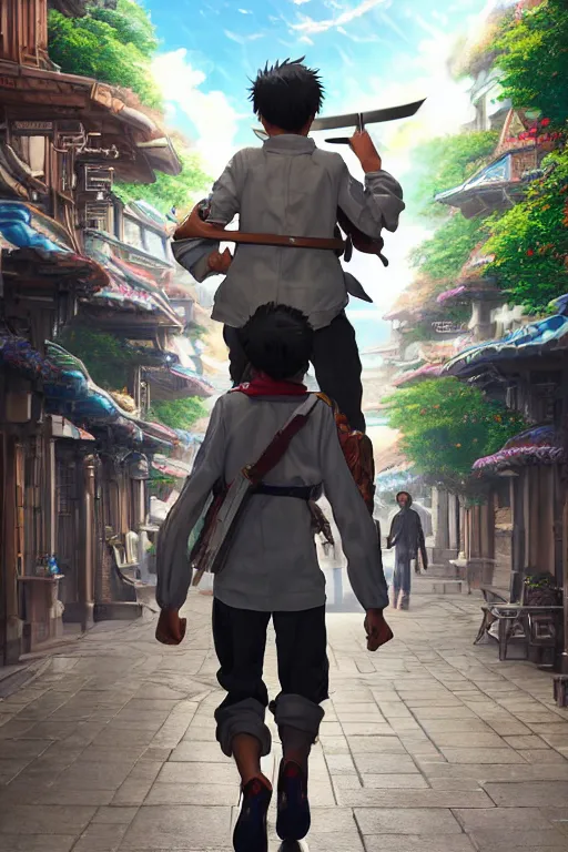 Prompt: ultra detailed keyart of sci - fy movie, a boy carrying a sword in his back is riding a simple bycycle in the main street of isekai shinjuku