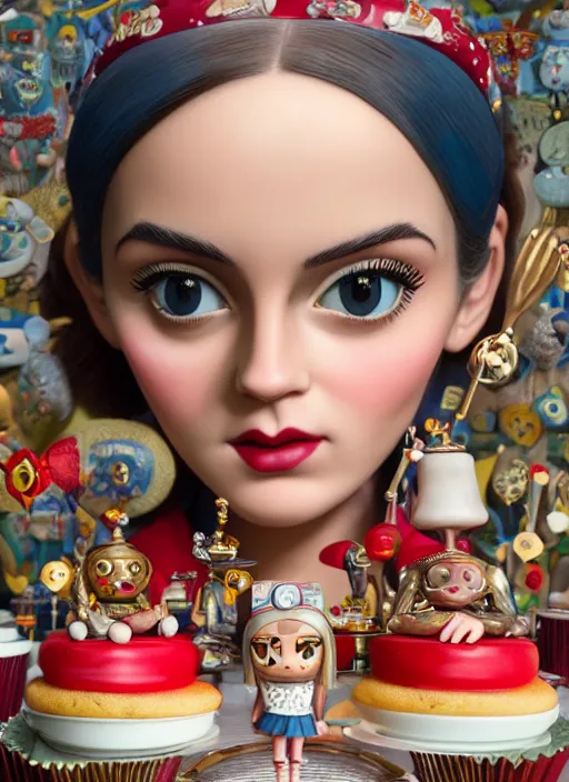 Image similar to closeup portrait of tin toy tin toy emma watson eating cakes, depth of field, zeiss lens, detailed, symmetrical, centered, fashion photoshoot, by nicoletta ceccoli, mark ryden, lostfish, earl nore, hyung tae, frank frazetta, breathtaking, 8 k resolution, extremely detailed, beautiful, establishing shot, artistic, hyperrealistic, octane render