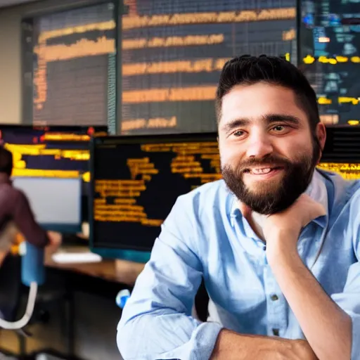 Image similar to software engineer saying goodbye to his teammates, cryptocurrency in the background