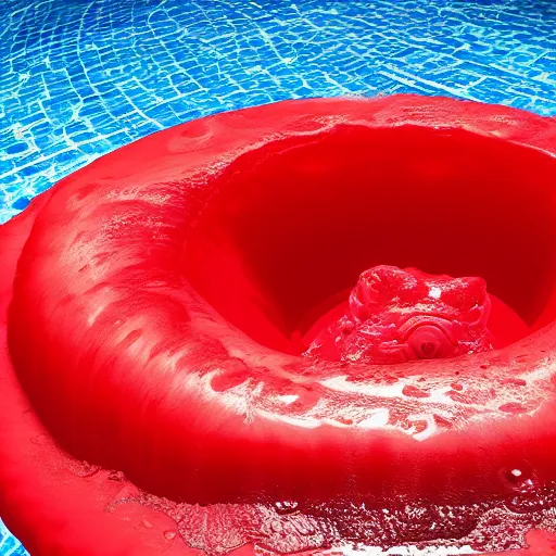 Image similar to a giant benjamin netanyahu sculpture made out of juicy red jelly inside a pool, long shot, hyper detailed, hyper realistic, ray tracing, 8 k resolution, sharp focus, realistic water, award winning