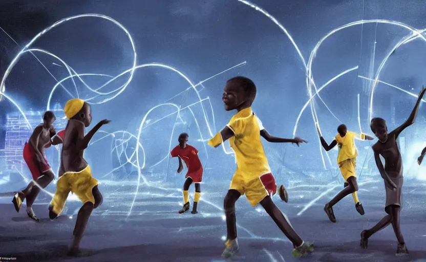 Image similar to young boys from africa playing football and a spiral - shaped white luminous attractor is floating on the horizon in soviet city, concept art, art for the game, professional lighting