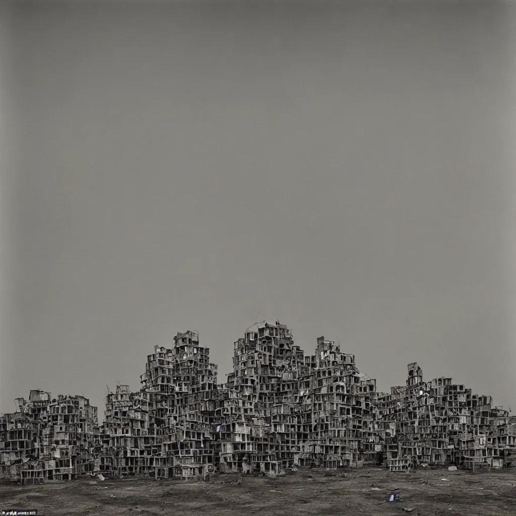 Image similar to towers made up of densely stacked makeshift squatter shacks with faded colours suspended over a quagmire, plain uniform sky at the back, misty, mamiya, ultra sharp, very detailed, photographed by man ray