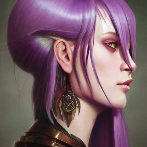 Image similar to priscilla from claymore portrait, medium shot, asymmetrical, profile picture, organic painting, matte painting, purple skin, forehead horn, bold shapes, hard edges, trending on artstation, by huang guangjian and gil elvgren and sachin teng