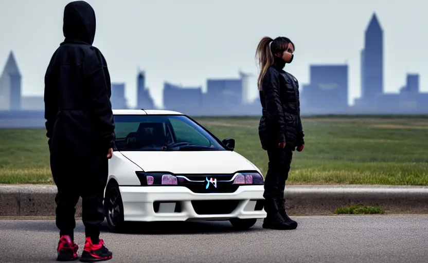 Image similar to photograph of a cell-shaded Honda EK9 Type-R next to a techwear woman standing looking off into the distance, on an Ohio road with a futuristic city in the horizon, one point perspective, 1-point perspective, tilt shift, sigma 85mm f/1.4, 4k, depth of field, high resolution, 4k, 8k, hd, full color, trending on artstation