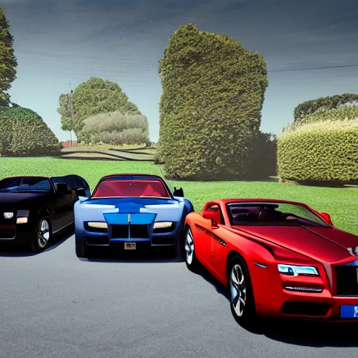 Image similar to Rolls Royce, Lamborghini, Ferrari line up, ultra realistic, canon camera