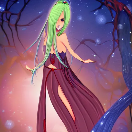 Image similar to digital painting of a long hair anime lady ELF dancing in the moonlight in the style of Sakimichan