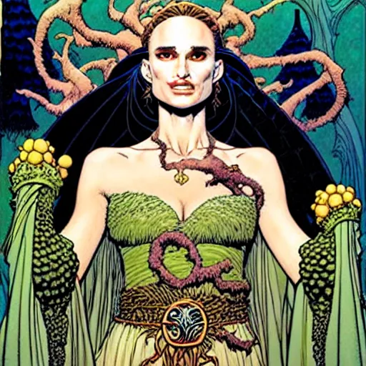 Image similar to a portrait of natalie portman as a druidic wizard by rebecca guay, michael kaluta, charles vess and jean moebius giraud