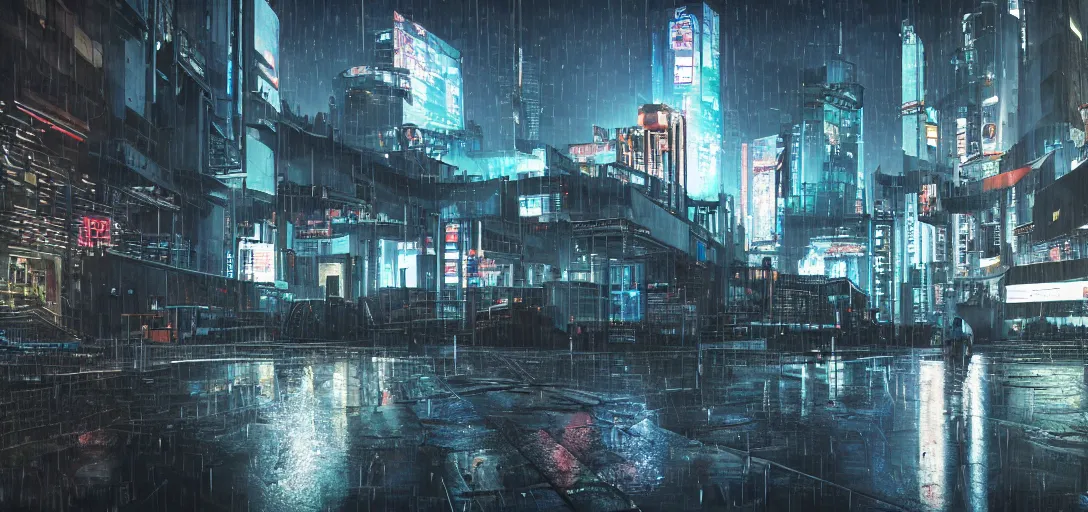 Image similar to cyberpunk look of the university of Bielefeld, rain, night, flying cars, digital art, 8k, many details