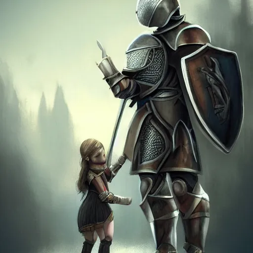 Image similar to knight with shield protecting little girl, picture by leonardo davinchi, artstation, higly detailed, amazing, majestic, artstation featured