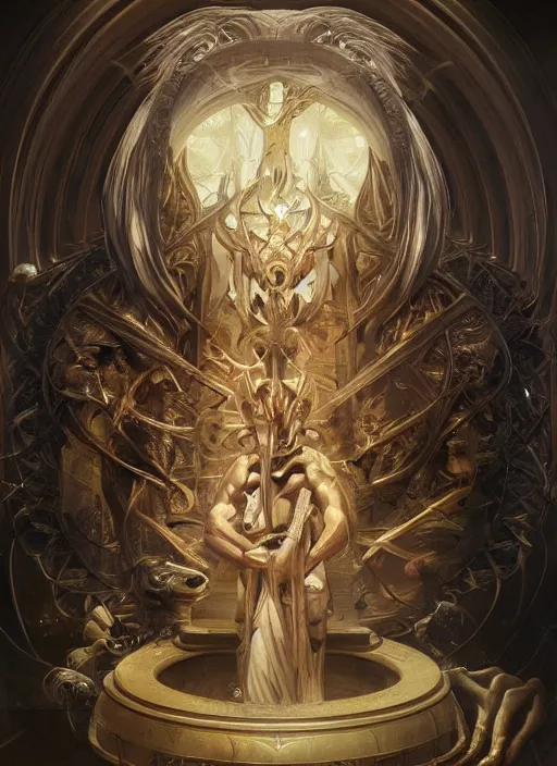 Image similar to album art priest casting divine chest spell, physically accurate, moody dynamic lighting, very very intricate, very very elegant, highly detailed, digital painting, artstation, HR GIGER, Hieronymus Bosch, Francis Bacon, concept art, smooth, very beautiful, sharp focus, illustration, art by artgerm and greg rutkowski and alphonse mucha