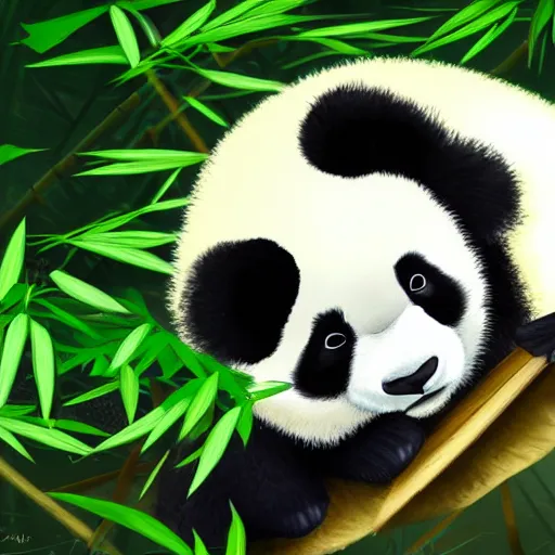 Image similar to A baby panda sleeping in a bamboo forest by studio ghibli, highly detailed body, peaceful atmosphere , digital art , highly detailed , high contrast, beautiful lighting, award winning , trending on art station, photorealistic, 8k