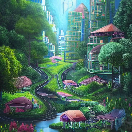 Image similar to Unbelievable city of the future in harmony with nature. Beautiful detailed painting by Lurid. (2022)