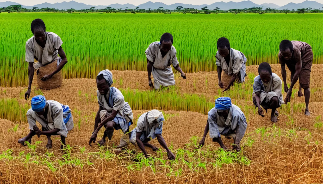 Prompt: Japanese and African Farmers tending to a rice field hyperrealistic, high definition, medium format photography, highly detailed, anamorphic 50mm lens