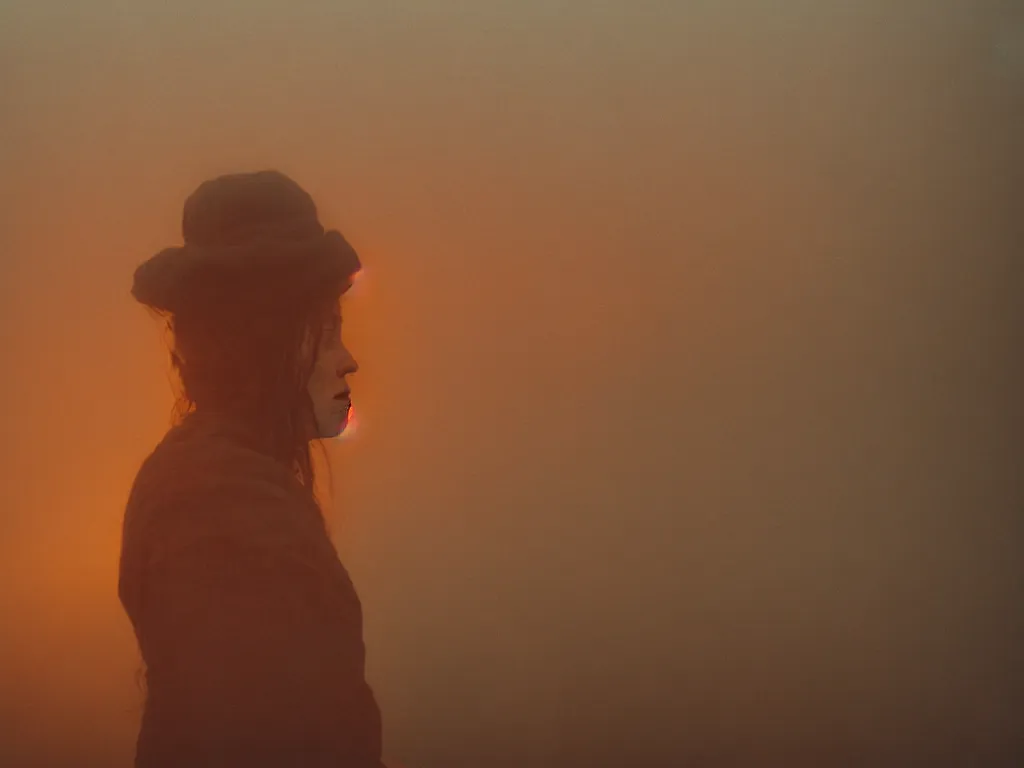 Image similar to close up portrait bust of woman sitting on fence, tired expression, faded color film, russian cinema, tarkovsky, technicolor, heavy forest, wood cabin in distance, shallow depth of field, long brown hair, old clothing, heavy fog, brown color palette, sunset, low light, hudson river school, 4 k, dramatic lighting
