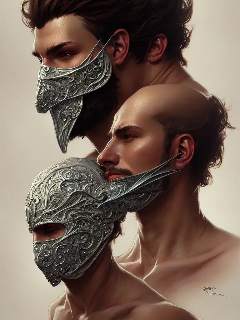 Image similar to ultra realistic illustration, a male with fabric mask, intricate, elegant, highly detailed, digital painting, artstation, concept art, smooth, sharp focus, illustration, art by artgerm and greg rutkowski and alphonse mucha