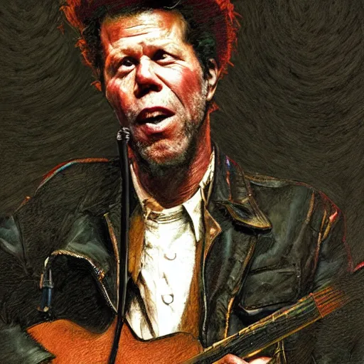 Image similar to Tom Waits singing in a pub, highly detailed, digital painting, artstation, concept art, smooth, sharp focus, illustration, art by james gurney and norman rockwell and greg rutkowski chuck close