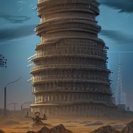 Image similar to Illustration of the tower of Babylon fortified and defended by robot soldiers, intricate details, sharp, concept illustration, digital art, trending on ArtStation