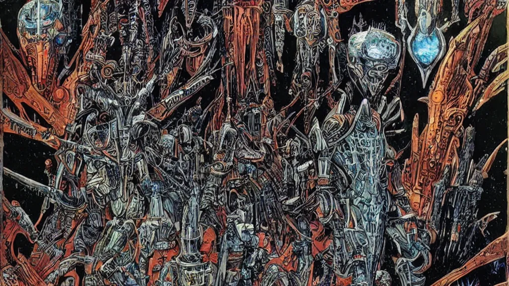 Prompt: exotic alien empire by Philippe Druillet