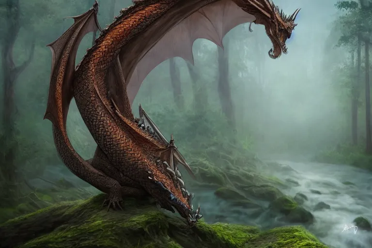 Image similar to peaceful dragon in a beautiful, misty forest, leaning over a steep hill, elongating its neck to sip water from the flowing, turbulent river, trending on artstation, intricately defined, complexly detailed, robustly ordinated, 4 k quality, digital art
