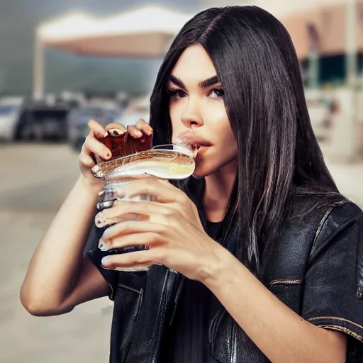 Image similar to 4k,ultra detailed portrait of Madison Beer drinking beer at the parking lot by Rachel Ruysch