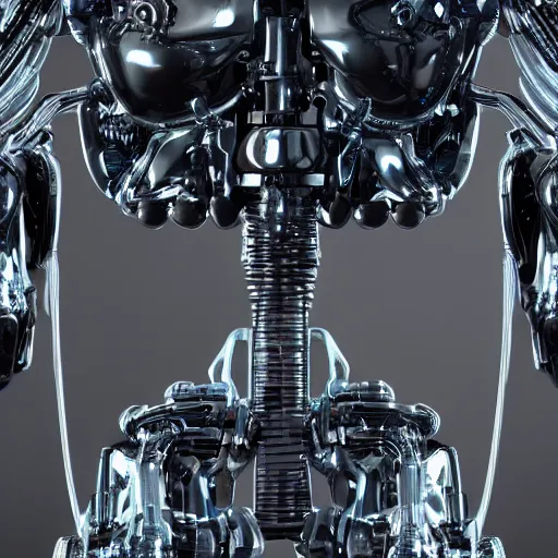 Prompt: upper back closeup of a complex chromium cybernetic endoskeleton in a dark gray room : : highly detailed : : frosted glass like translucent armor