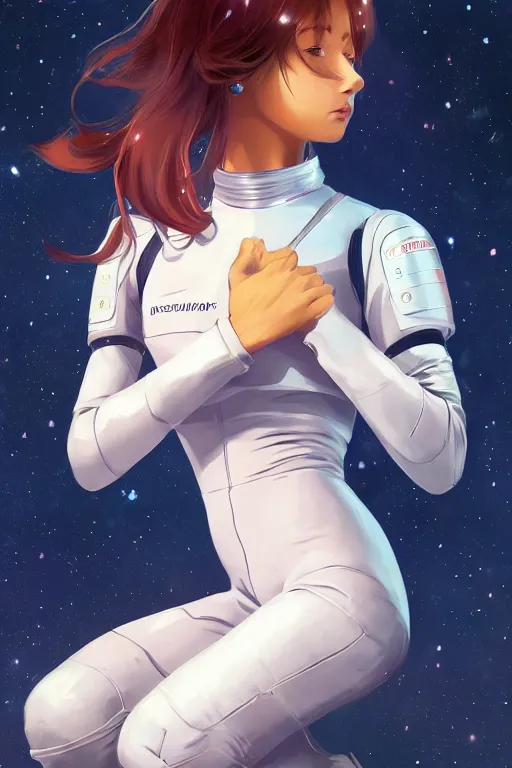 Image similar to ! dream a girl in a spacesuit, full shot, fine - face, realistic shaded perfect body, fine details. night setting. very anime style. realistic shaded lighting poster by ilya kuvshinov katsuhiro, magali villeneuve, artgerm, jeremy lipkin and michael garmash, rob rey and kentaro miura style, trending on art station