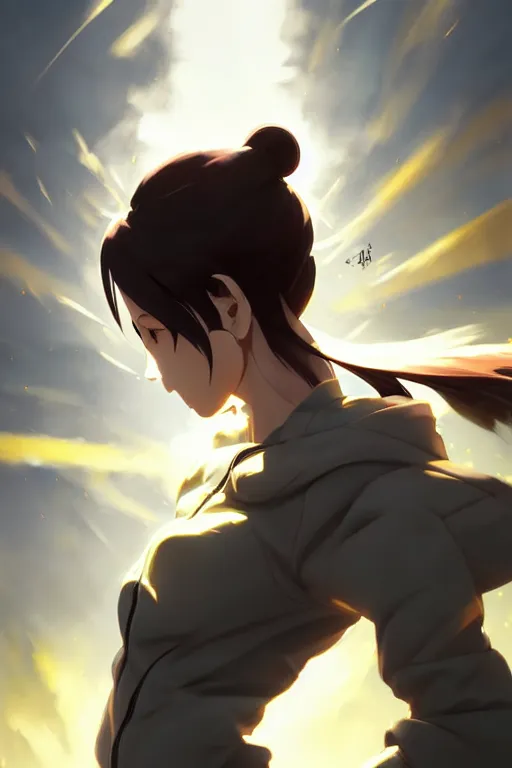 Image similar to black ponytail hair, pale woman in a black zipper jacket, yellow eyes, by artgerm, hair tied in a ponytail, white backdrop, soft lighting, fighting pose, dynamic angle, by greg rutkowski makoto shinkai takashi takeuchi