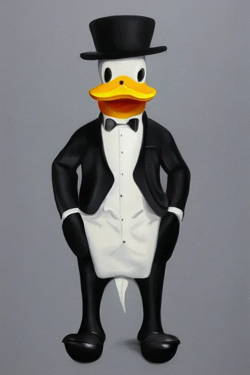 Prompt: man anthropomorphic duck wearing a white tuxedo oil on canvas full shot trending on artstation