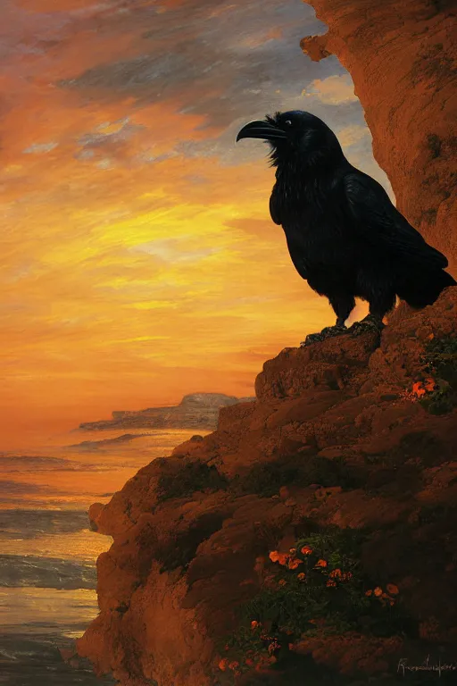Image similar to a breathtakingly stunningly beautifully highly detailed extreme close up portrait of a raven, a rock arch overhead framing shot, epic coves crashing waves plants, beautiful clear harmonious composition, dynamically shot, wonderful strikingly vivid orange beautiful dynamic sunset with epic clouds, detailed organic textures, by frederic leighton and rosetti and turner and eugene von guerard, 4 k