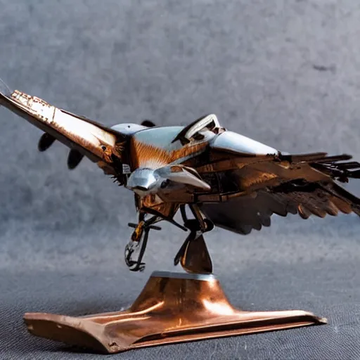 Image similar to A hawk model built from scrap metal, standing on asphalt, detailed close up photograph