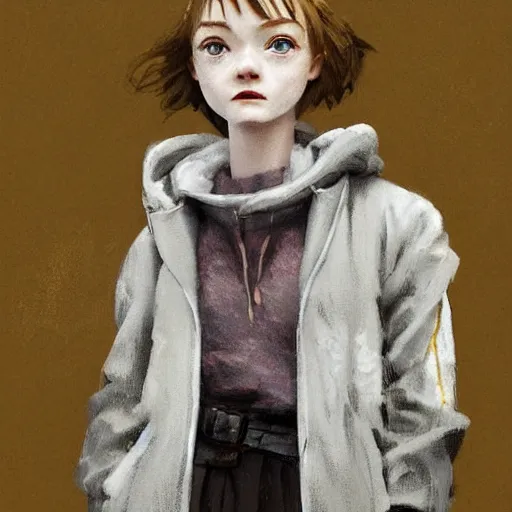 Image similar to a highly detailed epic cinematic concept art CG render digital painting artwork costume design: Sadie Sink, pixie cut, in a used 1950s man's coat and hoodie. muted grey colors with tiny yellow accents. By Greg Rutkowski, Ilya Kuvshinov, WLOP, Stanley Artgerm Lau, Ruan Jia and Fenghua Zhong, trending on ArtStation, made in Maya, Blender and Photoshop, octane render, excellent composition, cinematic atmosphere, dynamic dramatic cinematic lighting, aesthetic, very inspirational, arthouse