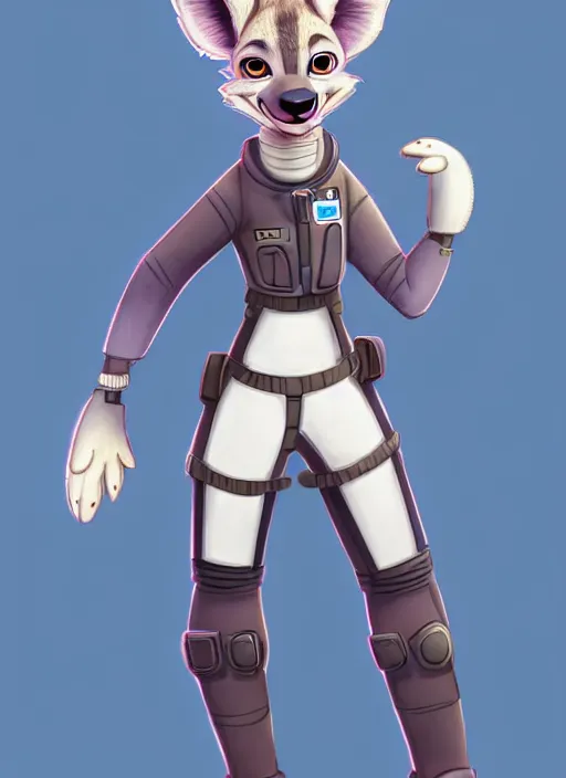 Image similar to digital detailed full body of anthromorphic female hyena, in style of zootopia, zootopia, zootopia, fursona, furry, furaffinity, 4 k, deviantart, furry art, fursona art, wearing astronaut outfit, in style of zootopia, hyena fursona, cyberpunk, female, detailed feminine face,