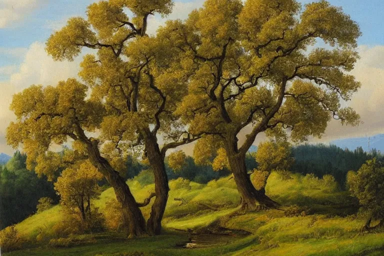 Prompt: masterpiece painting of oak trees on a hillside overlooking a creek, by jan schmuckal