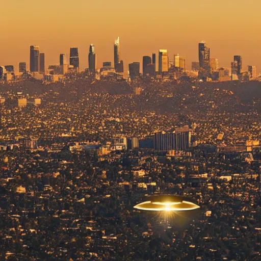 Image similar to actual photograph of UFO hovering over LA, award winning, golden hour,