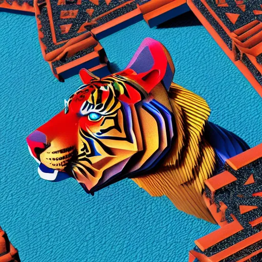 Prompt: breathtaking cool ornate coloured beautiful 3 d isometric mayan tiger, 8 k octane render