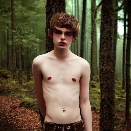 Image similar to a teenage boy, around 1 9 yo. choker necklace. natural brown hair. loincloth, pale skin. detailed face. ominous and eerie looking forest i'm background. natural colors.