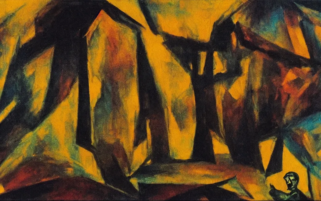 Prompt: movie still from a german expressionist film, award winning oil painting, iridescent color palette