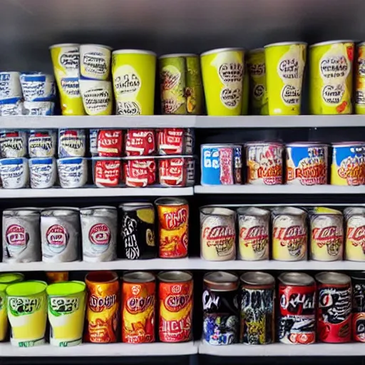 Image similar to a fridge full of coffee cups, coca colas and monsters cans