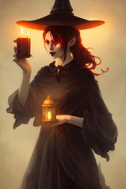 Image similar to portrait of a ghoulish victorian witch dark cheekbones holding a lantern, halloween night, charlie bowater, artgerm, ilya kuvshinov, krenz cushart, ruan jia, realism, ultra detailed, 8 k resolution