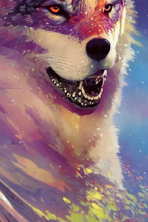 Prompt: an hiper intricate oil painting of a beautifull wolf portrait surounded by melting colorfull wax drips, colorfull, excelent composition, wide shot, by yoshitaka amano, by greg rutkowski, by alphonse mucha by jeremyg lipkinng, by rhads, by ross tran, artstation, octane render