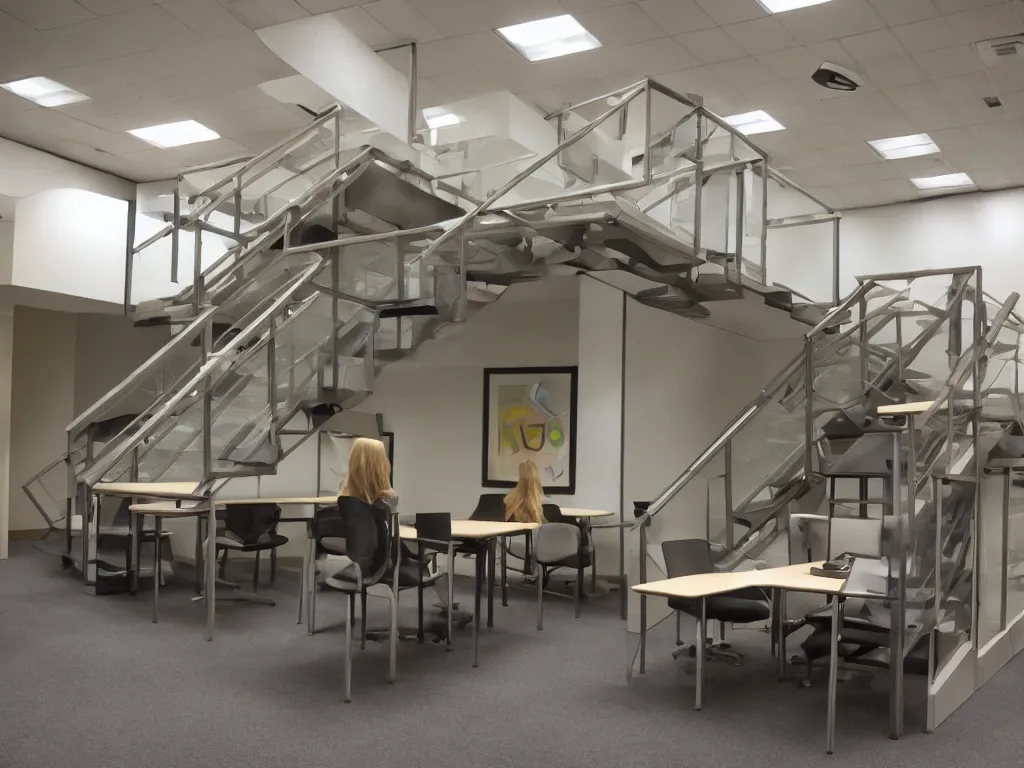 Prompt: 9 0 s cubicle office with stairs made of tables chairs