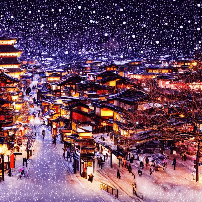 Image similar to illustration of kyoto with many lights and lens flares, snowy winter christmas night