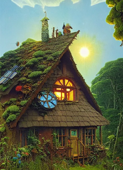 Image similar to hyper realistic witch cottage with solar panels with happy lighting and technology in the woods gorgeous lighting, sunbeams blue sky, lush forest foliage painting by zdzisław beksinski and norman rockwell and greg rutkowski weta studio, and lucasfilm