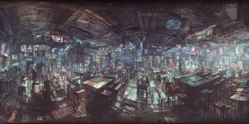 Image similar to Highly realistic Digital interior design in style of Hiromasa Ogura and Josan Gonzalez of detailed cyberpunk tavern with minimalism stone walls and neon lights, a lot of electronics and people, many details. Natural white sunlight from the transperient roof. Panorama on 360 degrees Rendered in 32K in VRAY and DaVinci Resolve and MAXWELL and LUMION 3D, Volumetric natural light