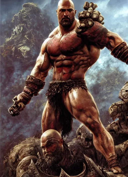 Prompt: a highly detailed beautiful portrait of dwayne johnson kratos hybrid god of war fighting zombies on a pile of human skulls, spartan warrior, olympian god, muscular!, frank frazetta, boris vallejo, octane, fantasy