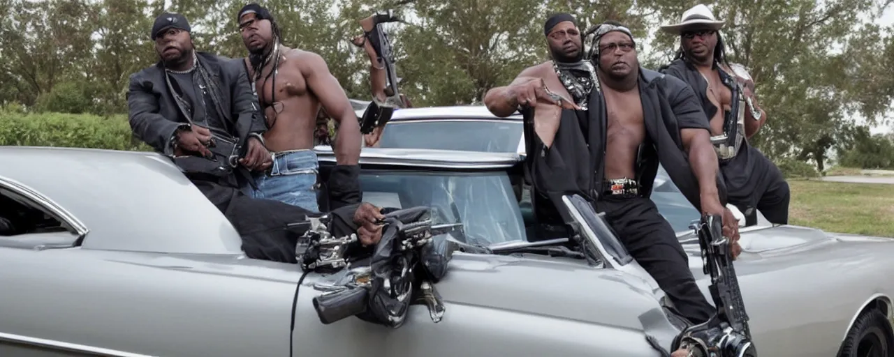 Prompt: gangsta boasting with cash and guns in front of a muscle car