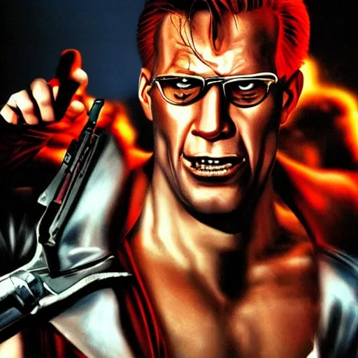 Image similar to Duke Nukem as The American Psycho, staring intensely, Duke Nukem art style, explosive background, cinematic still