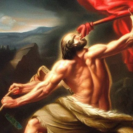 Image similar to high quality high detail painting, of david killing giant goliath